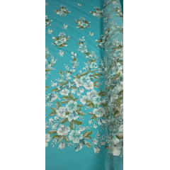 Tule Bordado com Pedrarias e Flores em 3D Jardim Encantado Verde Tiffany