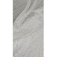 Tule Bordado com Pedrarias e Pérolas Bride Off White