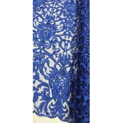 Tule Bordado com Pedrarias em Arabescos Azul Royal 9689