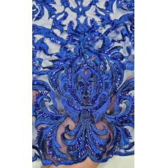 Tule Bordado com Pedrarias em Arabescos Azul Royal 9689