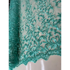 Tule Bordado com Pedrarias em Arabescos Verde Tiffany F21