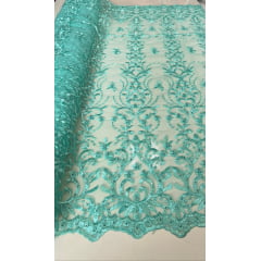 Tule Bordado com Pedrarias em Arabescos Verde Tiffany F21