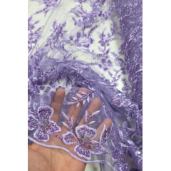 Tule Bordado com Pedrarias Lavanda Modelo ST933 Tule Bordado com Pedrarias Lavanda Modelo ST933