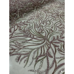 Tule Bordado com Pedrarias Multicolor Rosê HS2625