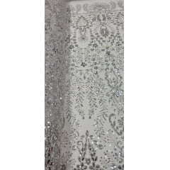 Tule Bordado com Pedrarias Prata 4079  
