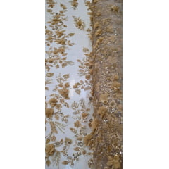 Tule Bordado com Pedrarias Premium 3D Dourado Modelo 1012 Tule Bordado com Pedrarias Premium 3D Dourado Modelo 1012
