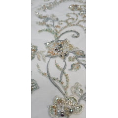 Tule Bordado com Pedrarias Premium 3D Verde Menta Multicolor Modelo FP24F 