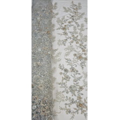 Tule Bordado com Pedrarias Premium 3D Verde Menta Multicolor Modelo FP24F 