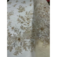 Tule Bordado com Pedrarias Premium Amarelo Claro Multicolor 3D Modelo W1F2758 