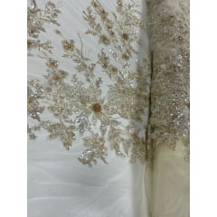 Tule Bordado com Pedrarias Premium Amarelo Claro Multicolor 3D Modelo W1F2758 