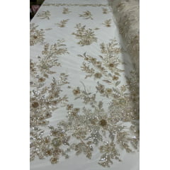 Tule Bordado com Pedrarias Premium Amarelo Claro Multicolor 3D Modelo W1F2758 