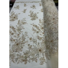 Tule Bordado com Pedrarias Premium Amarelo Claro Multicolor 3D Modelo W1F2758 