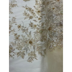 Tule Bordado com Pedrarias Premium Amarelo Claro Multicolor 3D Modelo W1F2758 
