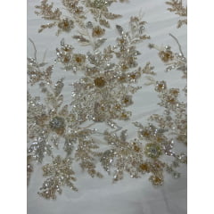 Tule Bordado com Pedrarias Premium Amarelo Claro Multicolor 3D Modelo W1F2758 