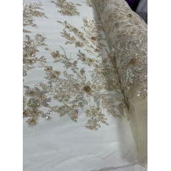 Tule Bordado com Pedrarias Premium Amarelo Claro Multicolor 3D Modelo W1F2758 