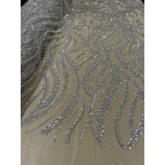 Tule Bordado com Pedrarias Premium Arabescos Champagne Modelo HS1042