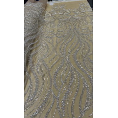 Tule Bordado com Pedrarias Premium Arabescos Champagne Modelo HS1042