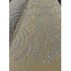 Tule Bordado com Pedrarias Premium Arabescos Champagne Modelo HS1042