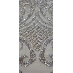 Tule Bordado com Pedrarias Premium Arabescos Champagne Modelo HS1042