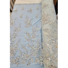 Tule Bordado com Pedrarias Premium Azul Bebê  Multicolor 3D  Modelo W1F2758 
