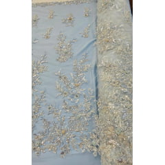 Tule Bordado com Pedrarias Premium Azul Bebê  Multicolor 3D  Modelo W1F2758 