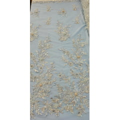 Tule Bordado com Pedrarias Premium Azul Bebê  Multicolor 3D  Modelo W1F2758 