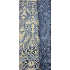 Tule Bordado com Pedrarias Premium Azul Celeste Modelo HS1191   