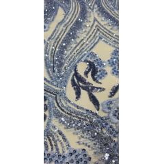 Tule Bordado com Pedrarias Premium Azul Celeste Modelo HS1191   
