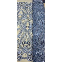 Tule Bordado com Pedrarias Premium Azul Celeste Modelo HS1191   