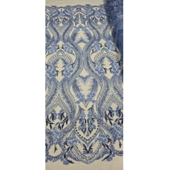 Tule Bordado com Pedrarias Premium Azul Celeste Modelo HS1191   