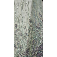 Tule Bordado com Pedrarias Premium Azul Claro com Pedrarias Multicolor Modelo HT98370
