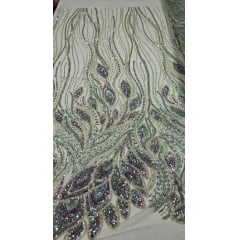 Tule Bordado com Pedrarias Premium Azul Claro com Pedrarias Multicolor Modelo HT98370