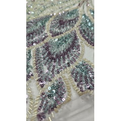 Tule Bordado com Pedrarias Premium Azul Claro com Pedrarias Multicolor Modelo HT98370
