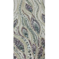 Tule Bordado com Pedrarias Premium Azul Claro com Pedrarias Multicolor Modelo HT98370