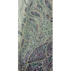 Tule Bordado com Pedrarias Premium Azul Claro com Pedrarias Multicolor Modelo HT98370