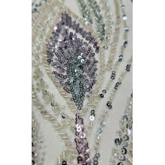 Tule Bordado com Pedrarias Premium Azul Claro com Pedrarias Multicolor Modelo HT98370