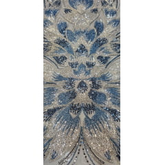 Tule Bordado com Pedrarias Premium Azul com Prata  HT70523
