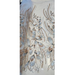 Tule Bordado com Pedrarias Premium Azul com Rosê Gold  HT70513