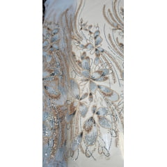 Tule Bordado com Pedrarias Premium Azul com Rosê Gold  HT70513