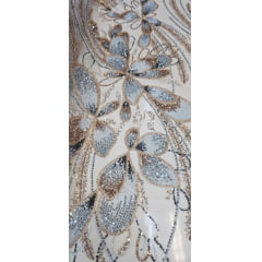 Tule Bordado com Pedrarias Premium Azul com Rosê Gold  HT70513