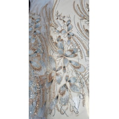 Tule Bordado com Pedrarias Premium Azul com Rosê Gold  HT70513