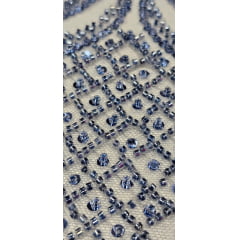 Tule Bordado com Pedrarias Premium Azul Jeans Modelo HS1042  
