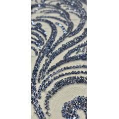 Tule Bordado com Pedrarias Premium Azul Jeans Modelo HS1042  