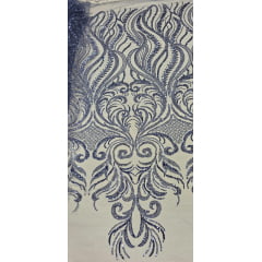Tule Bordado com Pedrarias Premium Azul Jeans Modelo HS1042  
