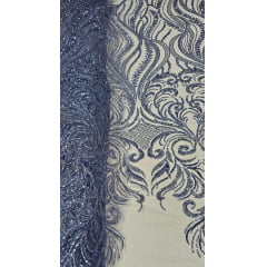 Tule Bordado com Pedrarias Premium Azul Jeans Modelo HS1042  