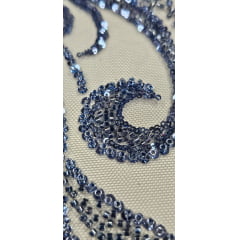 Tule Bordado com Pedrarias Premium Azul Jeans Modelo HS1042  