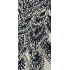 Tule Bordado com Pedrarias Premium Azul Marinho com Cinza Chumbo  Multicolor  Modelo HT98370 