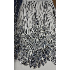 Tule Bordado com Pedrarias Premium Azul Marinho com Cinza Chumbo  Multicolor  Modelo HT98370 