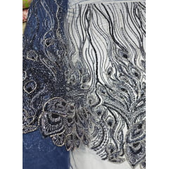 Tule Bordado com Pedrarias Premium Azul Marinho com Cinza Chumbo  Multicolor  Modelo HT98370 