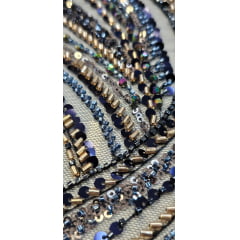Tule Bordado com Pedrarias Premium Azul Marinho com Rosê Gold  HT97504 